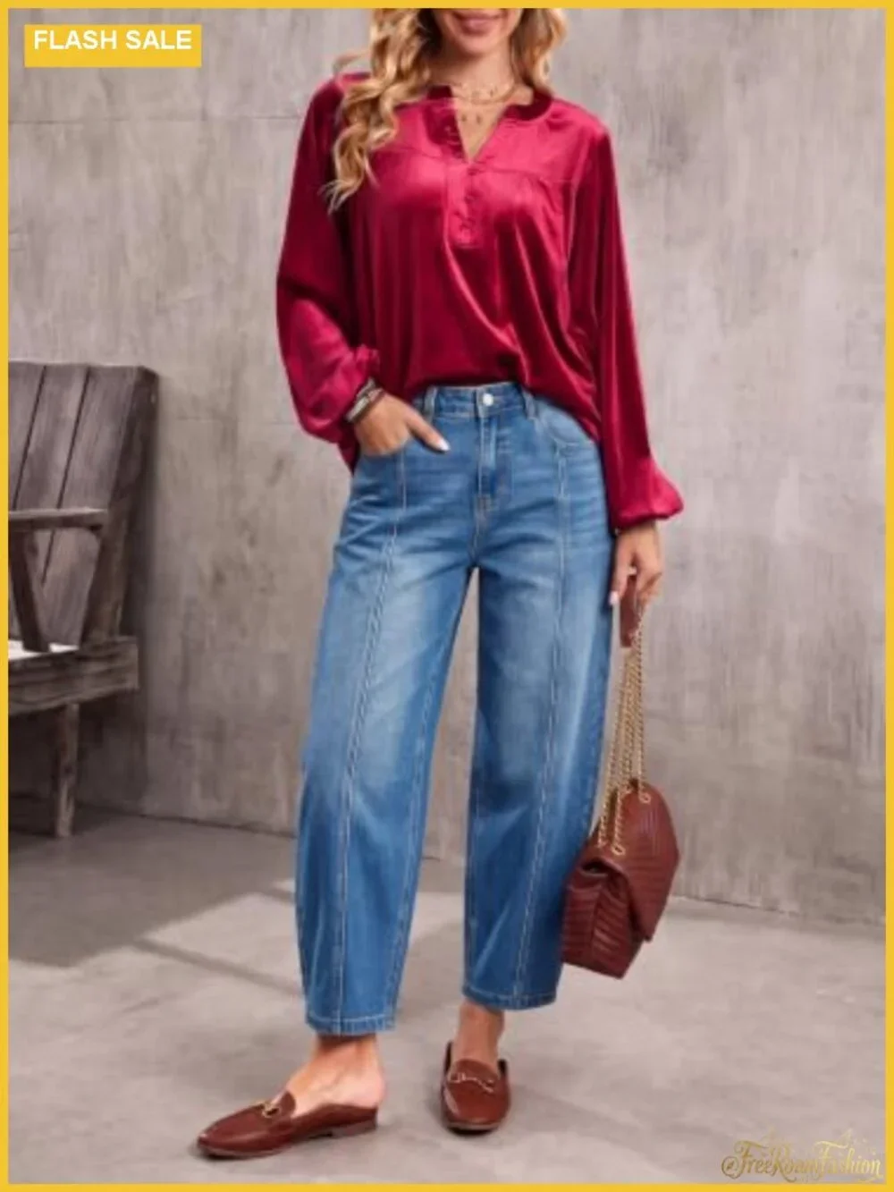 Women's Mid Rise Barrel Jeans Cropped Wide Leg Stretchy Denim Pants Y2K